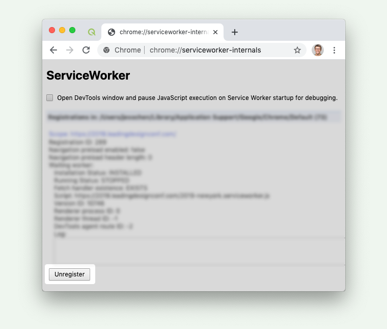 unregister button service worker URL