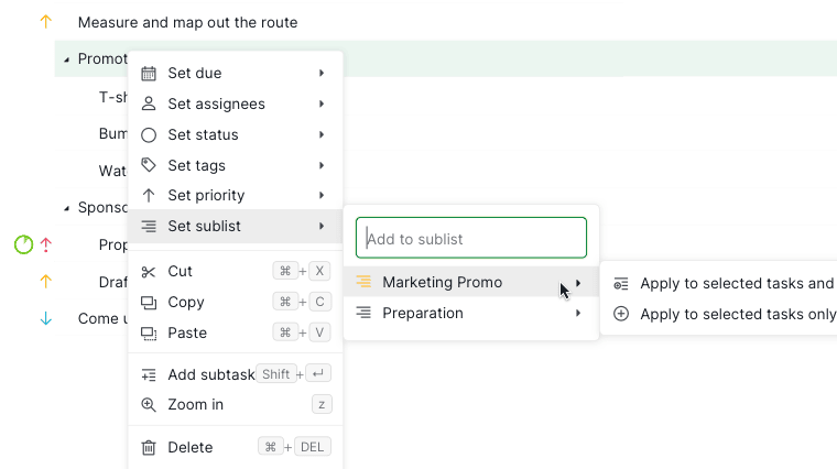 right click to add tasks to sublist