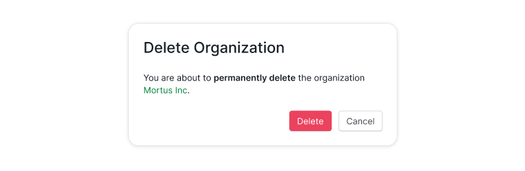 delete organization dialogue