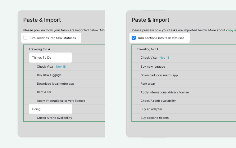 options when importing from Todoist to Quire