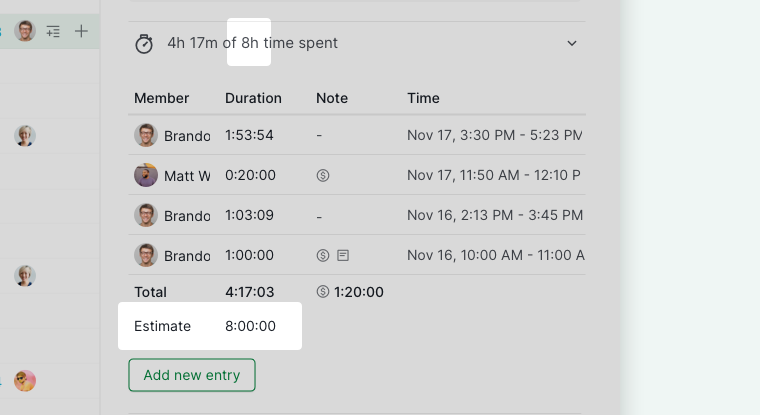 estimated time in time tracking section header