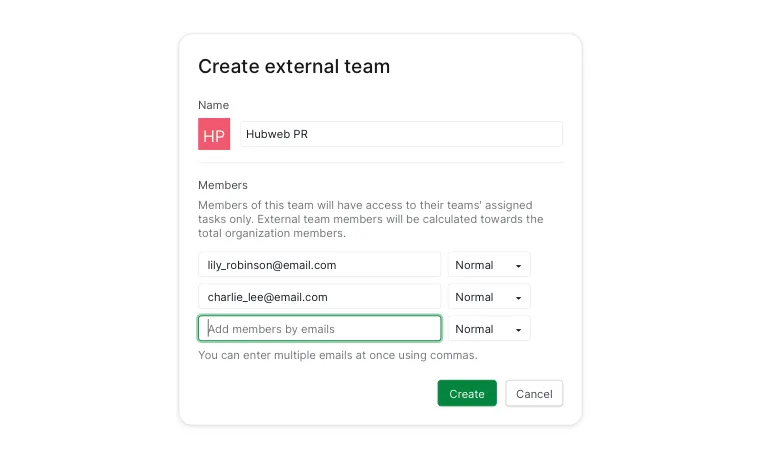 Dialog „Externes Team erstellen" in Quire mit Teamname, Mitglieder-E-Mails und Rollen