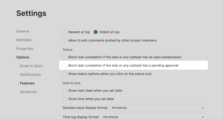 Configuración del proyecto en Quire mostrando la opción para bloquear la finalización de la tarea cuando esta o alguna subtarea tiene una aprobación pendiente