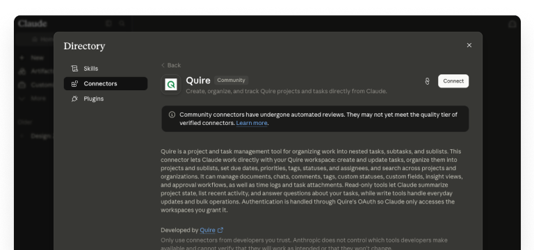 The Quire connector listing in Claude's directory with the Connect button