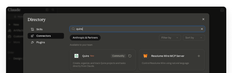Find Quire in Claude's connector directory by searching quire under Connectors
