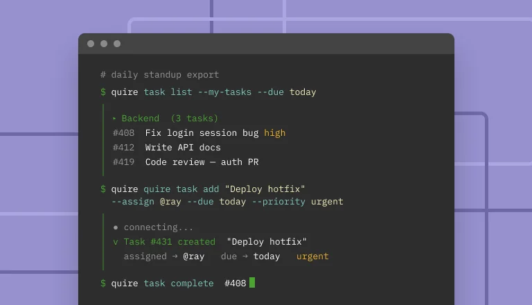 A terminal window running Quire CLI alongside a Quire board view