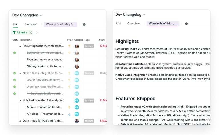 Side-by-side of the Dev_Changelog filtered source project and the generated Weekly Brief document