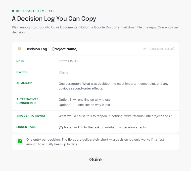 A copy-paste decision log template showing the six fields: date, owner, summary, alternatives, trigger, and linked task