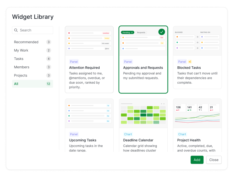 The Widget Library in Quire with Recommended, My Work, Tasks, Members, and Projects tabs, and the Approvals and Requests panel selected
