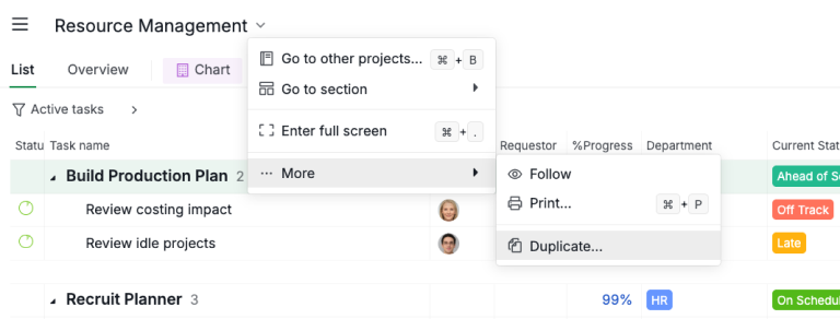 The Quire project menu open on a template, with More expanded to show the Duplicate option