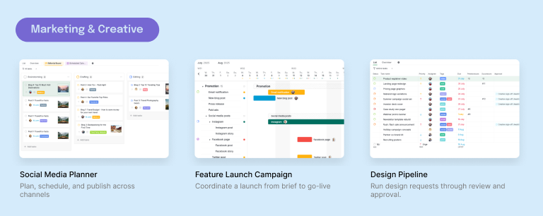 Quire marketing and creative templates: the Social Media Planner board, the Feature Launch Campaign timeline, and the Design Pipeline review queue