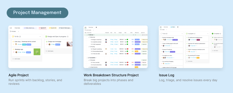 Three Quire project management templates shown as previews: Agile Project running sprints, Work Breakdown Structure split into phases, and the Issue Log triage board