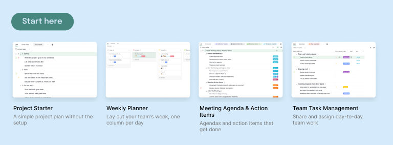 The four Start Here templates in Quire: Project Starter, Weekly Planner, Meeting Agenda and Action Items, and Team Task Management