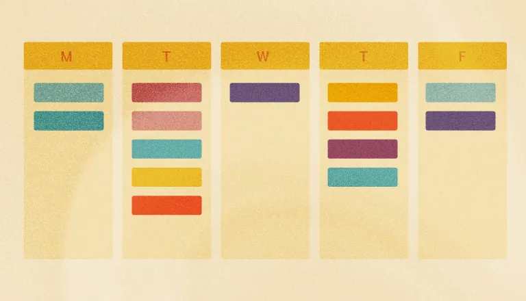 A project calendar showing a week of dated tasks with owners, where two days carry visibly more work than the rest