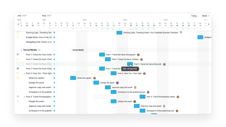 Quire Timeline view with a task being dragged to a new date, showing the date tooltip and the surrounding chain of dependent work