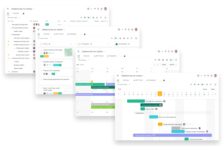 The same Quire project shown as a list, a kanban board, a calendar and a timeline