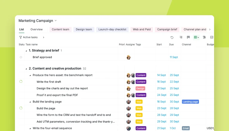 How to launch a marketing campaign: five teams working from one shared campaign plan in Quire