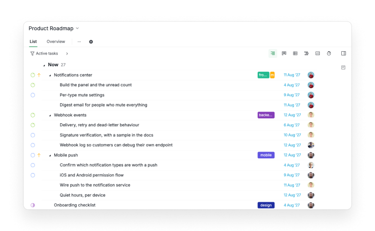 The Product Roadmap template in Quire's List view, with the Now horizon open and each feature expanded to show the spec, build and release work nested beneath it