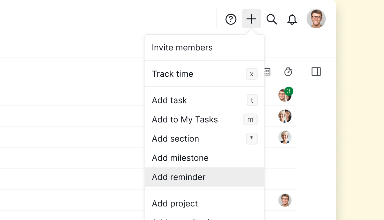 The plus menu in the Quire top bar, with Add reminder listed under Add task, Add section, and Add milestone