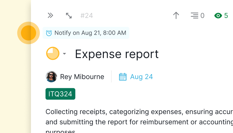 A Quire task, Expense report, wearing its reminder label at the top: 3 days before at 8:00 AM