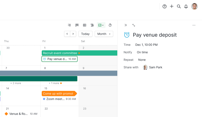 A standalone reminder, Pay venue deposit, on Quire's Calendar view, with its Time, Notify, Repeat and Share with settings open beside it