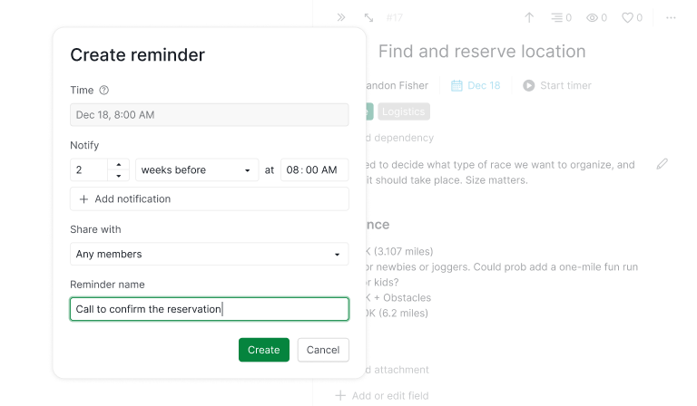 The Create reminder dialog on a Quire task with a due date: Time read-only at Dec 18, 8:00 AM, Notify set to 2 weeks before, Share with, and a Reminder name