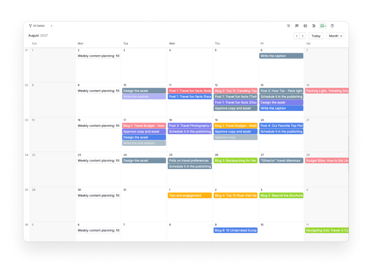 The Scheduled Calendar in Quire, with the caption, asset and approval deadlines on their own days beside the publish dates, and the weekly planning task recurring each Monday