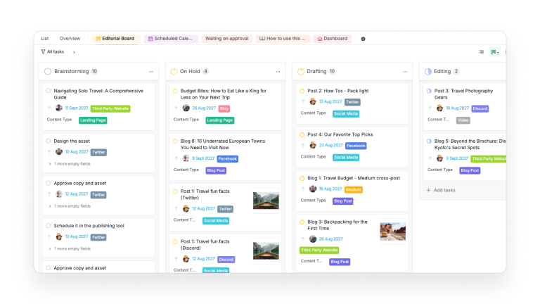 The Editorial Board in Quire, with posts and their jobs as cards grouped by editorial stage: Brainstorming, On Hold, Drafting and Editing in view