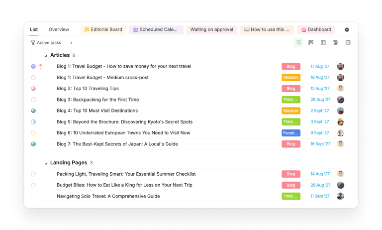 The template's List view in Quire: articles and landing pages in their own sections, each row carrying a status, a channel tag, a due date and an owner