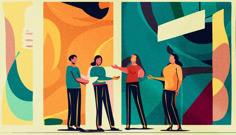 Illustration of four colleagues passing work between them in front of large color panels