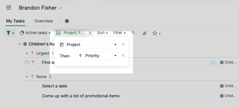 Quire My Tasks view grouping one person's tasks by project, then by priority