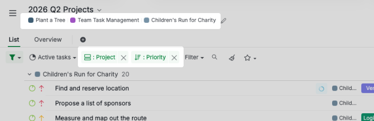 Quire Smart Folder combining three projects into one list, grouped by project and sorted by priority