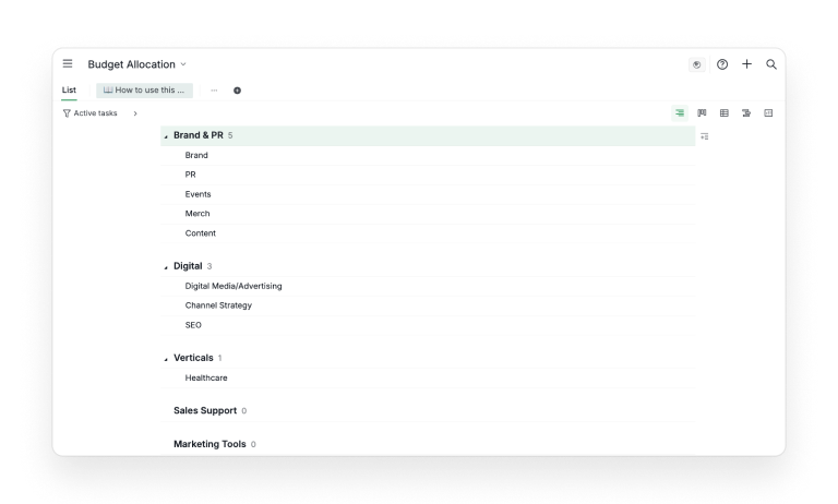 The Budget Allocation template in Quire's List view: Brand & PR, Digital and Verticals sections with the spend lines nested under each one