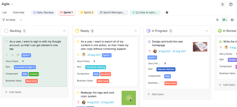 Quire's Agile Project template in Board view on the Sprint 1 sublist, with Daily Standup, Sprint 2 and Sprint Retrospective sublists as tabs, and cards carrying Story Points, Epic, Component and Business Value fields across Backlog, Ready, In Progress and In Review columns