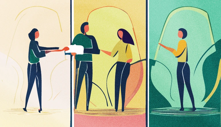 Sprint planning meeting illustration in three panels: a teammate passing a card along, two teammates exchanging it, and one teammate reaching ahead alone
