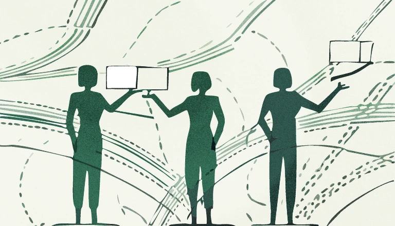 Annual planning process: three people passing a plan from hand to hand along flowing lines, from year themes down to owned work