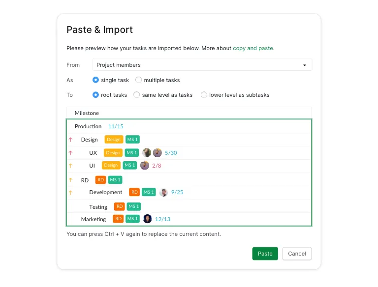 Quire's Paste and Import dialog previewing nested tasks with tags, assignees and subtask counts before they're created