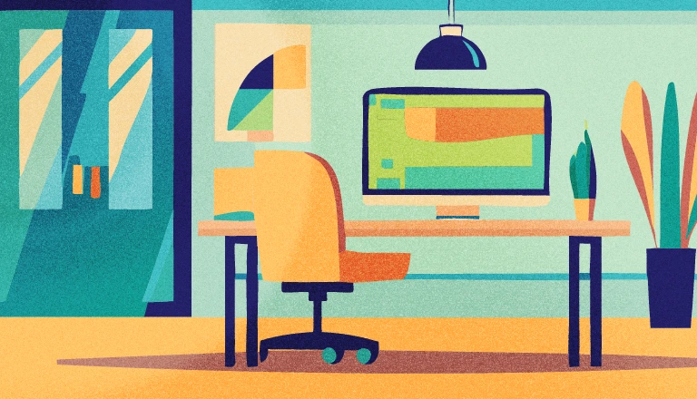 Switching project management tools: an empty office chair at a desk, its monitor open on a fresh workspace