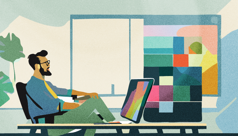 Project management automation illustration: a person leans back from the desk with a tablet while a large screen of colored task blocks fills the wall behind them