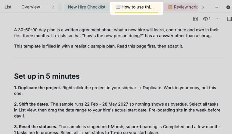how to use this template document inside the quire 30-60-90 day plan project