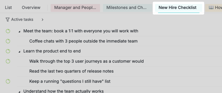 new hire checklist sublist in the quire 30-60-90 day plan template