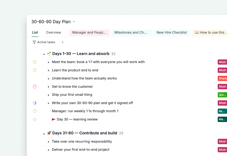 30-60-90 day plan template sections for pre-boarding and the three phases in quire