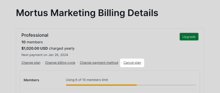 cancel plan in billing details page