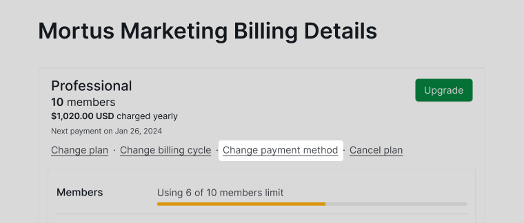 change payment method  in billing details page