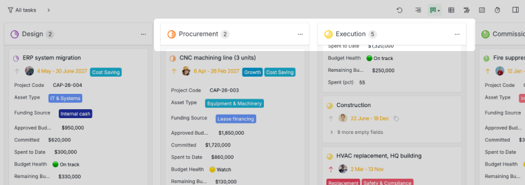 proyectos de capital en un tablero de quire agrupados por estado del ciclo de vida, desde aprobado hasta diseño, adquisiciones y ejecución