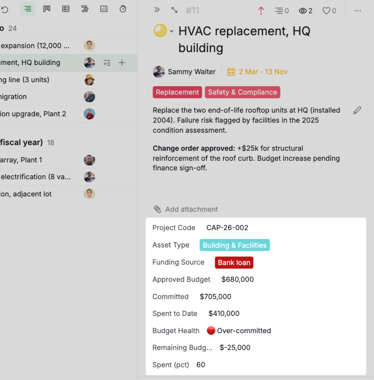 el panel de tarea del reemplazo de hvac mostrando una nota de orden de cambio y la salud del presupuesto marcada como sobrecomprometida