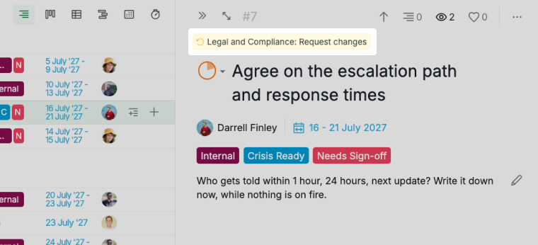 an escalation task with changes requested by legal and compliance