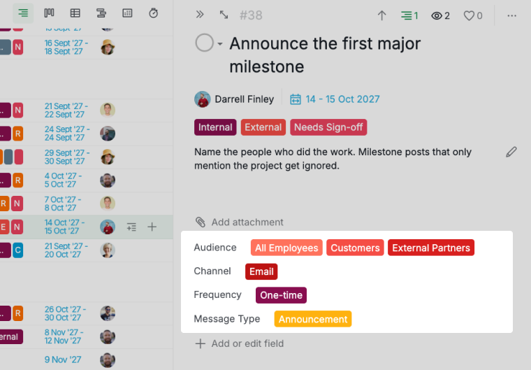 a milestone announcement task showing three audiences on one channel