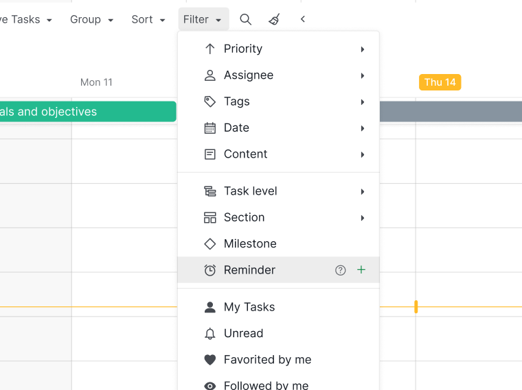 Select the Reminders filter option in Calendar view in Quire