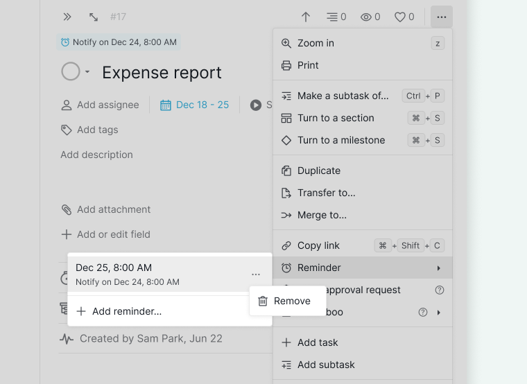 Edit or remove a reminder from the task detail panel in Quire